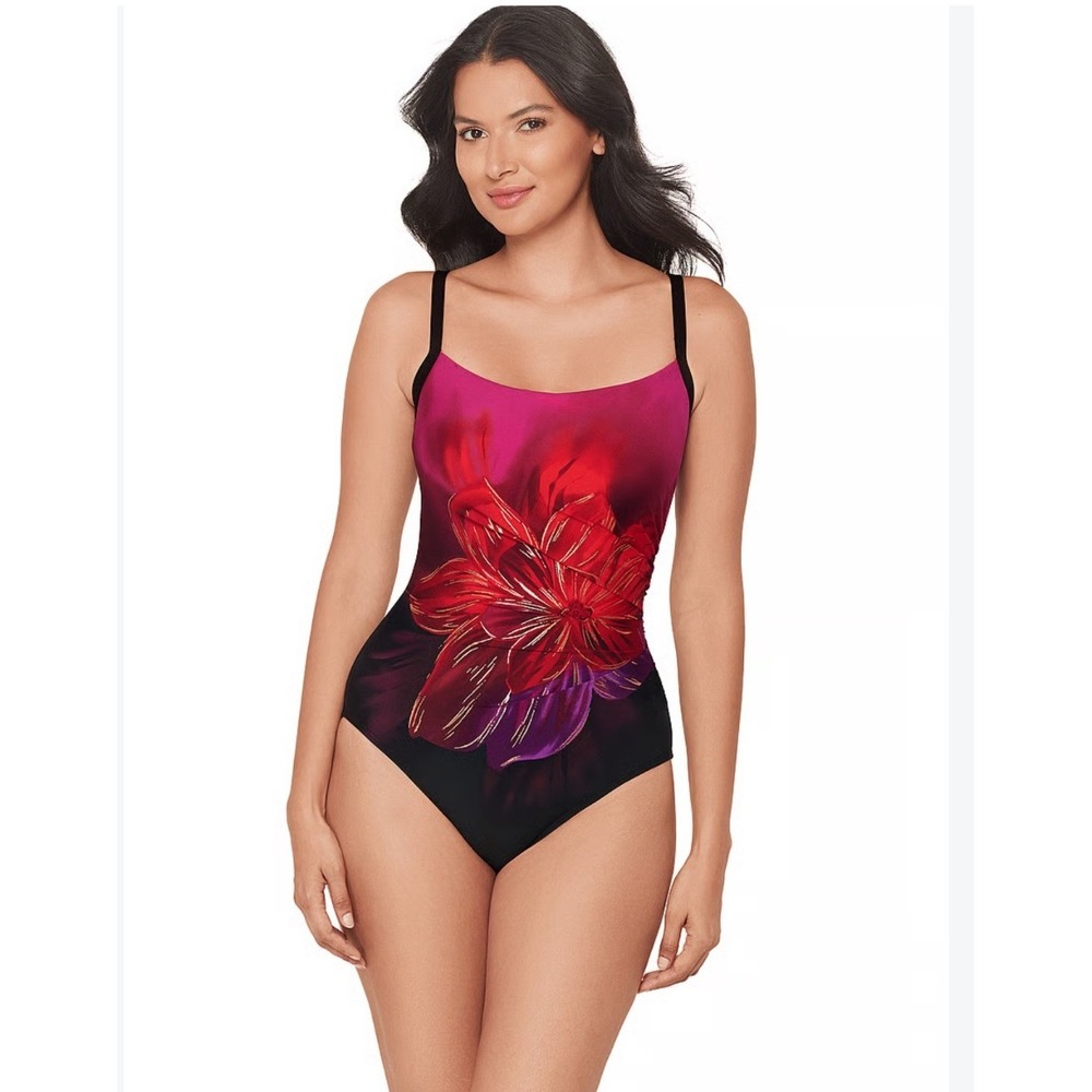 NEW! Miraclesuit Starr One Piece Swimsuit Petali Rosa Floral Pink Black Size 12